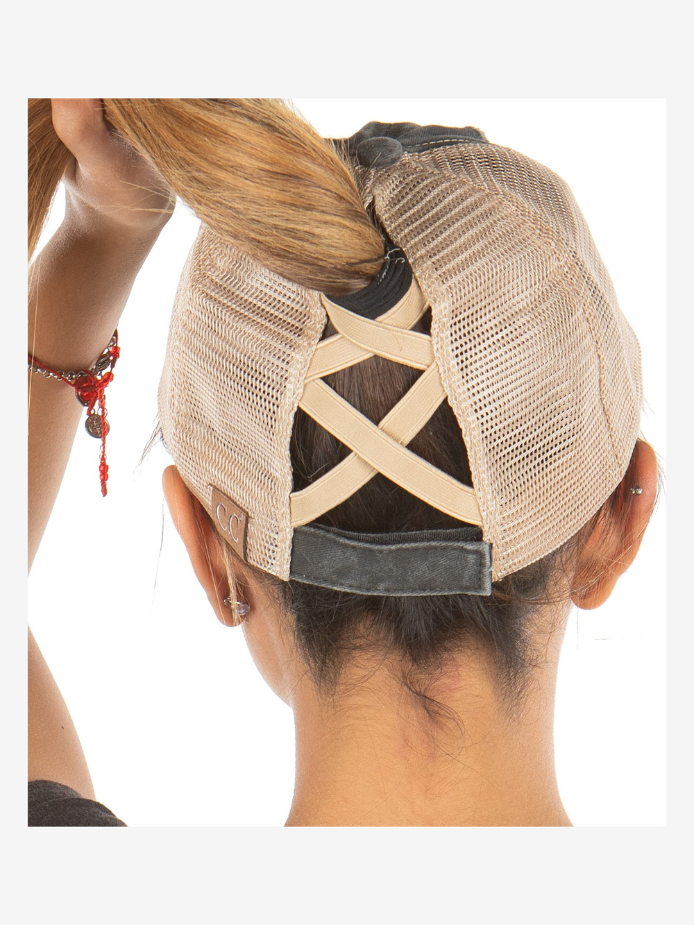 Criss Cross Ponytail Cap, Messy Bun | Beige Mesh, Black (Distressed) | Size OS
